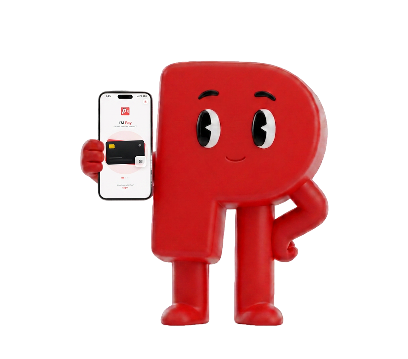 Pay, the I'M Pay mascot holding a phone with the I'M Pay app